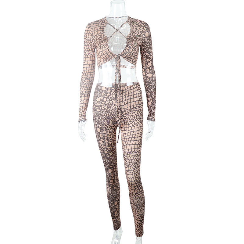 Fashion Drawstring Crop Navel Long Sleeve Top High Waist Sports Pants Set