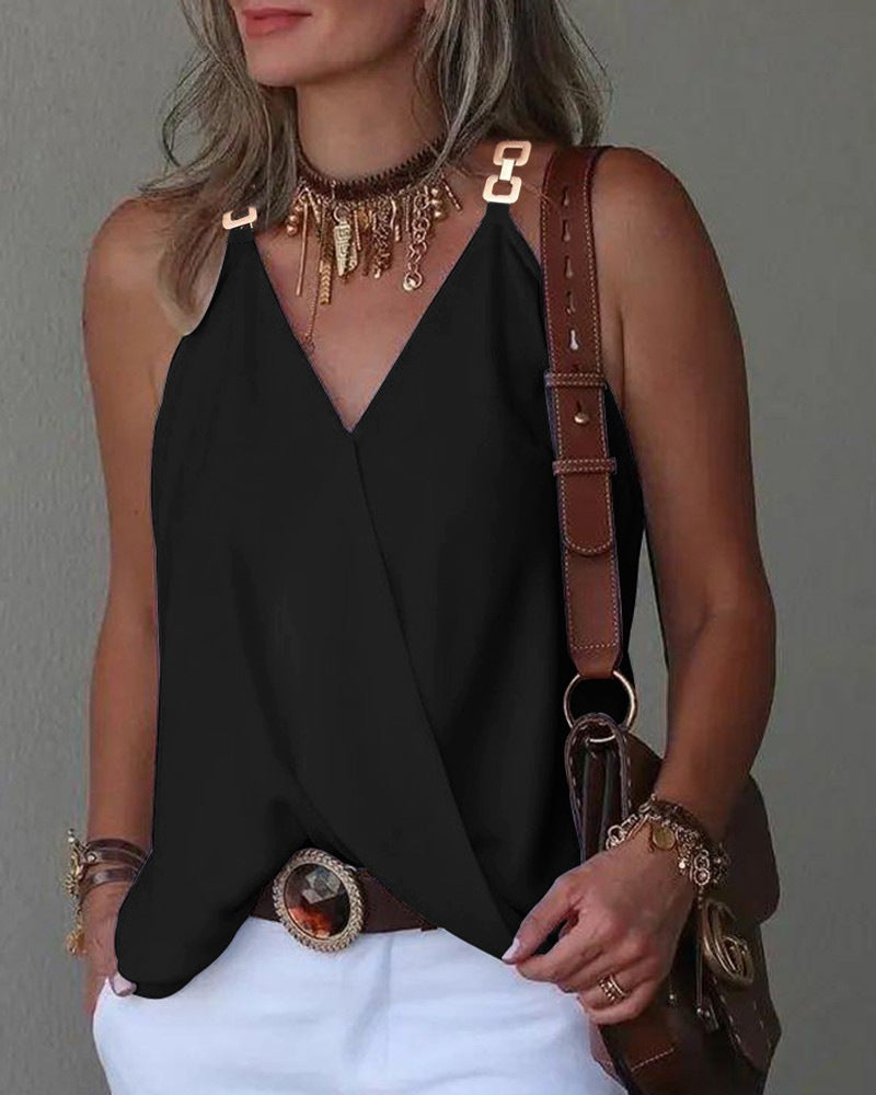 Women's Simple V-neck Metal Buckle Printed Vest