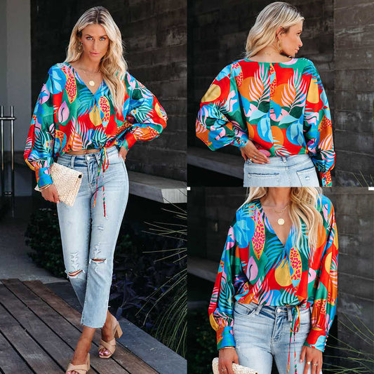 Women's Printed V-Neck Long Sleeve Loose Casual Shirt Top
