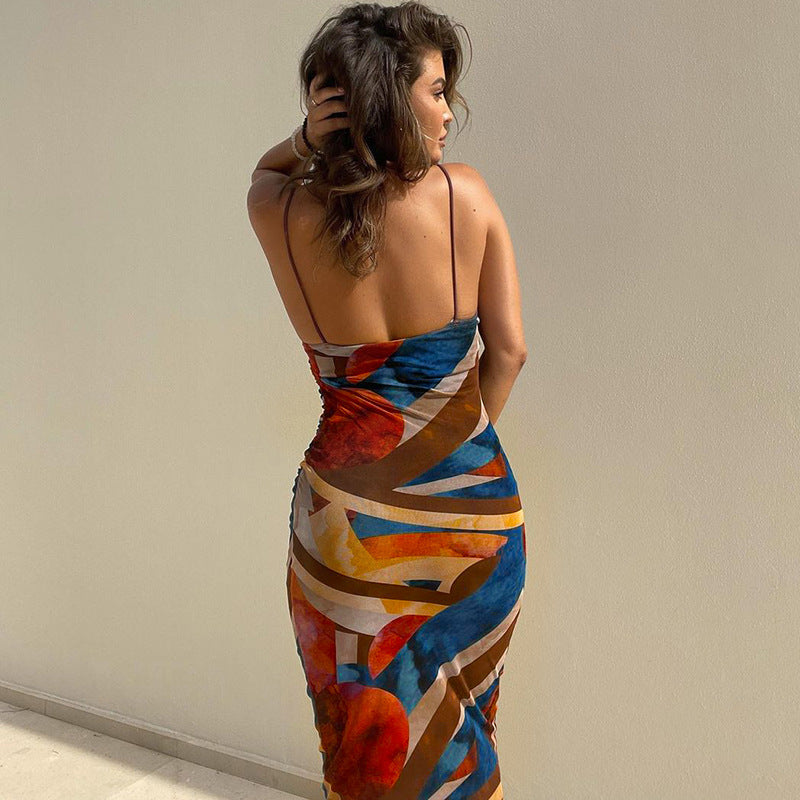 European And American New Fashion Print Sexy Halter Strap Dress