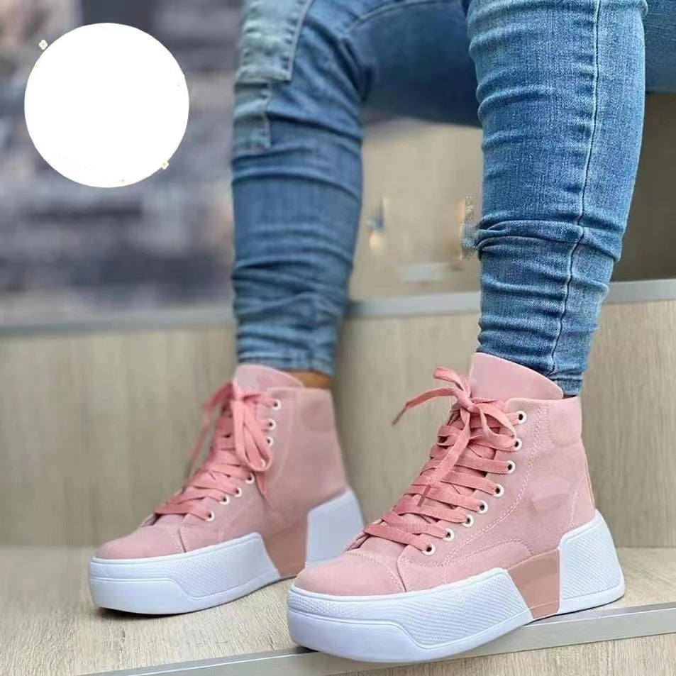 Chunky Heel Boots Round Toe Lace-Up Flats Shoes Suede Ankle Boots