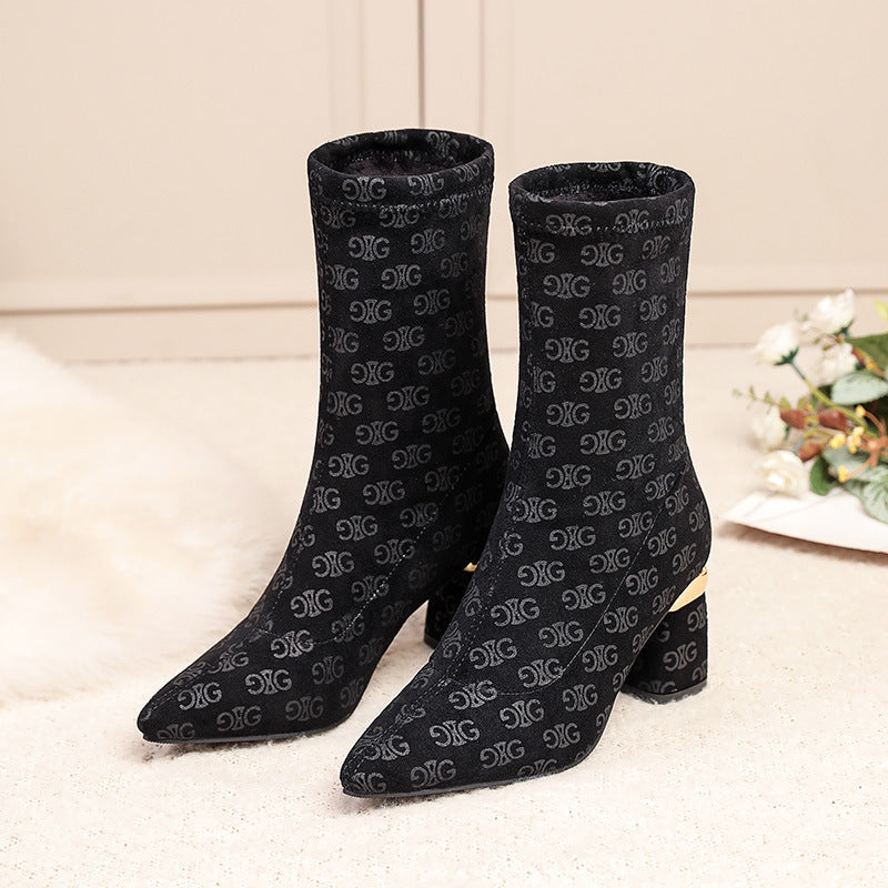 Women's Stretch Knitted Chunky Heel Mid Tube High Heel Elastic Slip-on Martin Boots