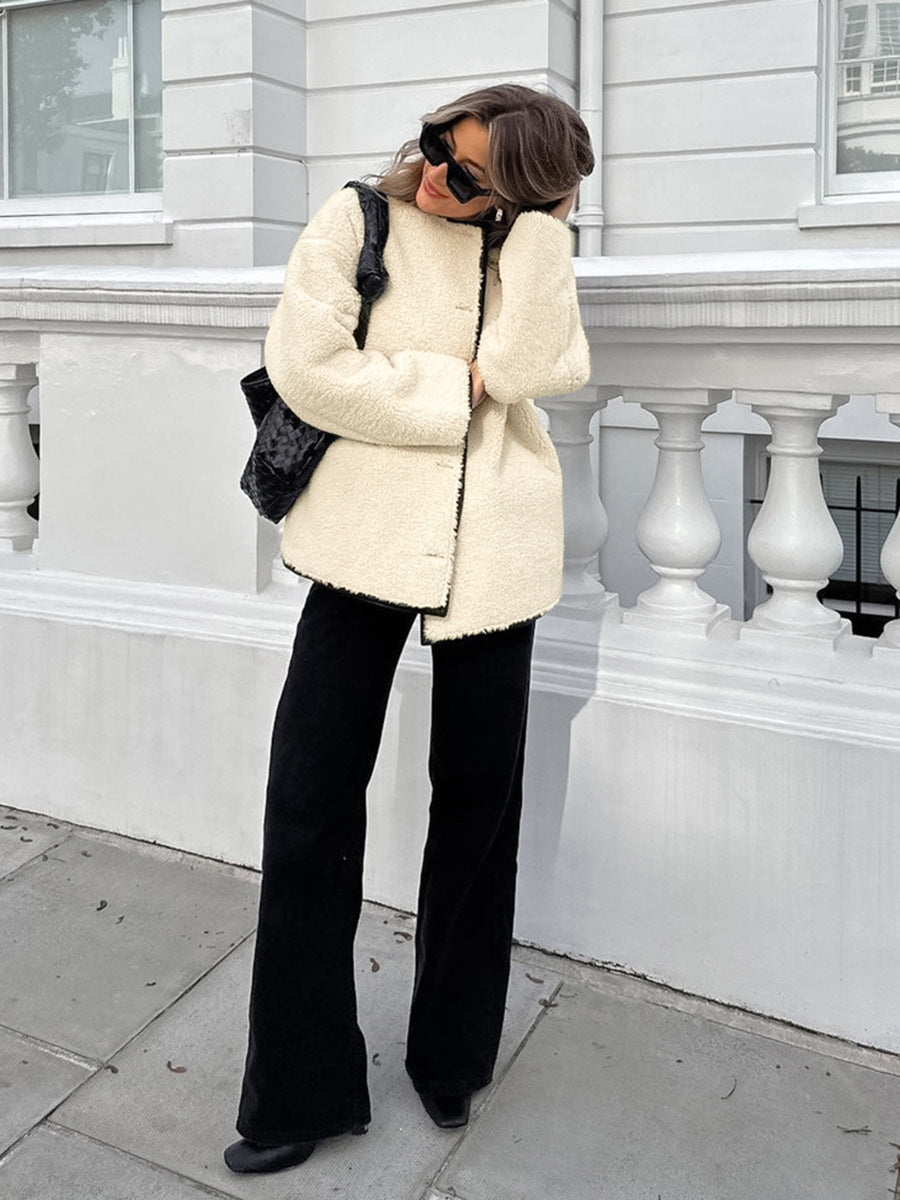 Beige Lambswool Patchwork Round Neck Warm Baggy Coat