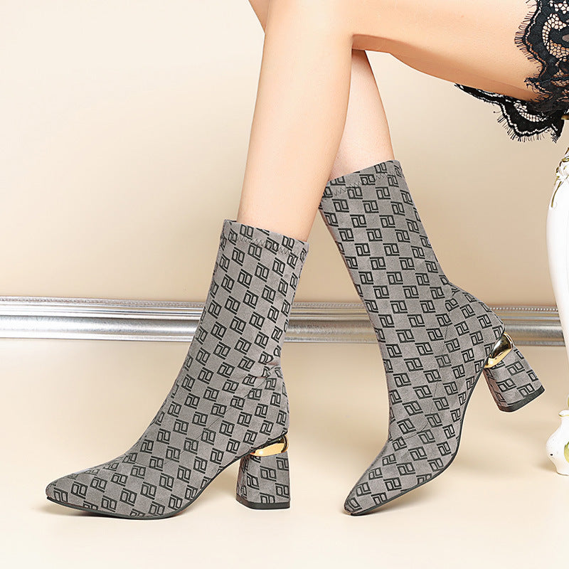 Women's Stretch Knitted Chunky Heel Mid Tube High Heel Elastic Slip-on Martin Boots