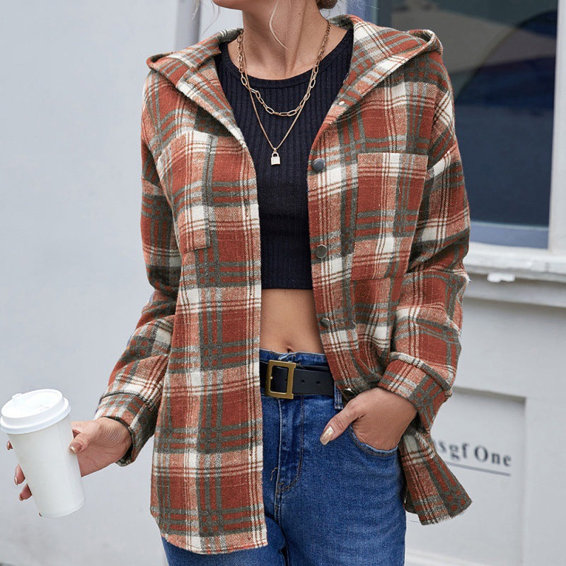 Loose Casual Long-sleeved Single-breasted Check Hooded Jacket