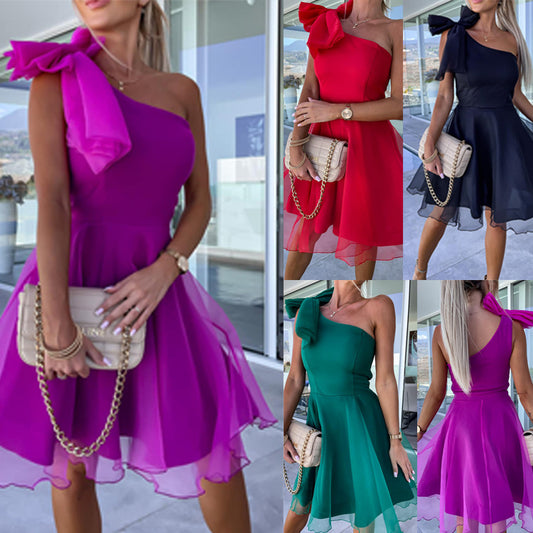 European And American New Women's One-shoulder Sleeveless Mesh Stitching Big Swing Dress