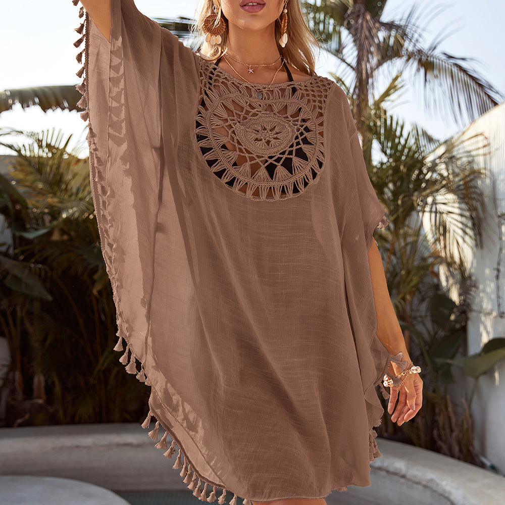 Off-The-Shoulder Hollow Loose Large Size Fringed Bikini Ins Wind And Beach Blouse