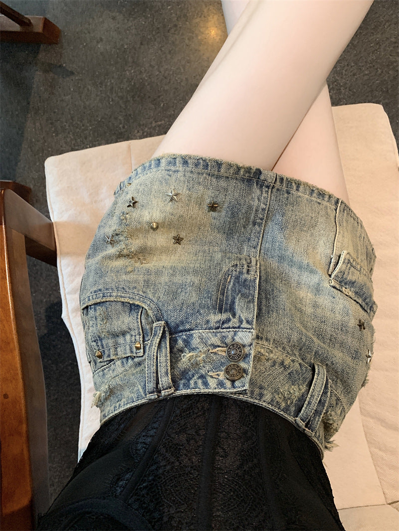 Hot Girl Heavy Industry Sheath A- Line Skirt Washed-out Vintage Denim Skirt