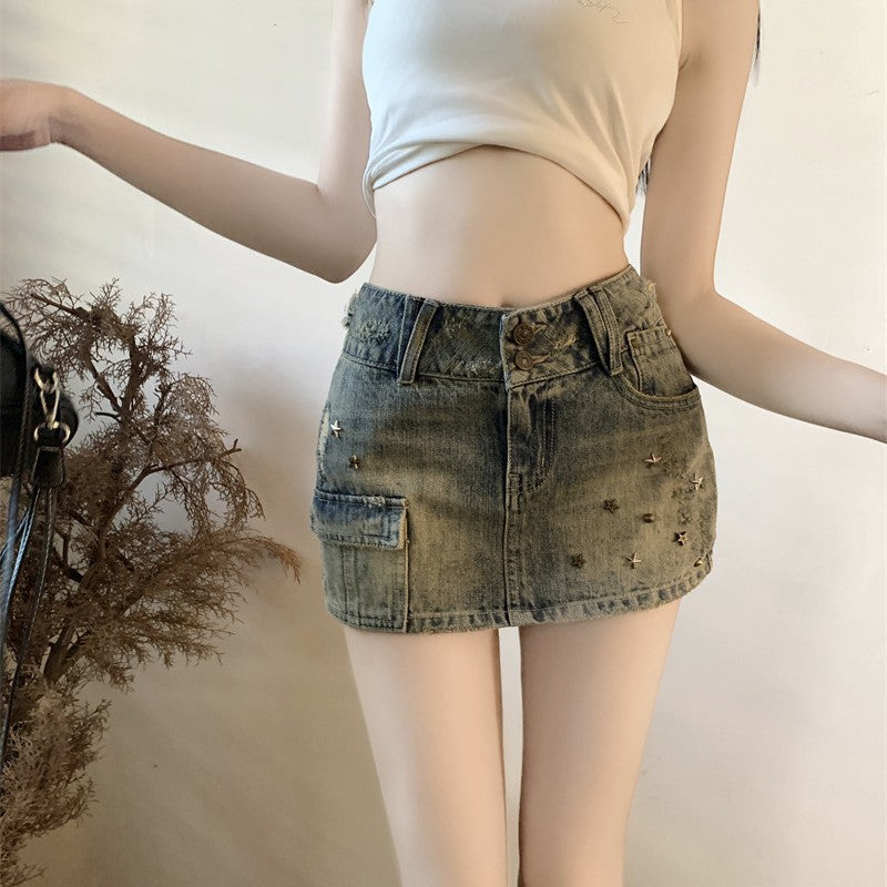 Hot Girl Heavy Industry Sheath A- Line Skirt Washed-out Vintage Denim Skirt