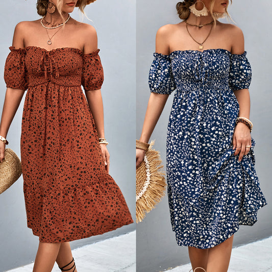 European And American Fashion Ladies New Smocking Ruffled Solid Color Dress