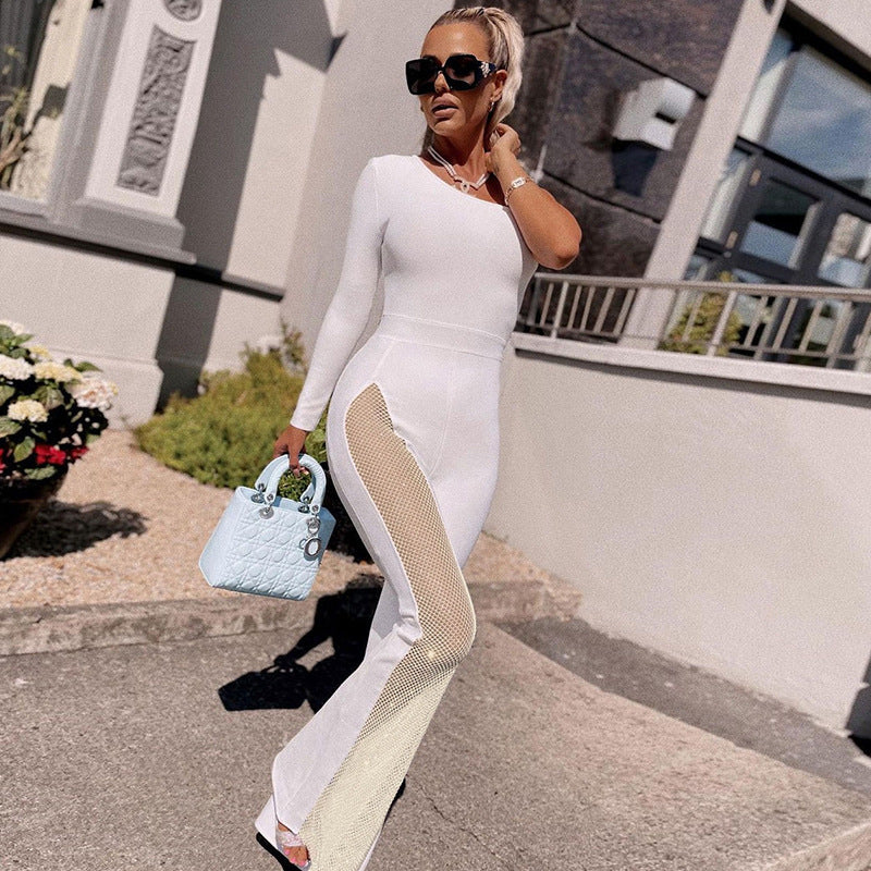 Autumn Women's Fashion One-shoulder Long-sleeved Mesh Jumpsuit
