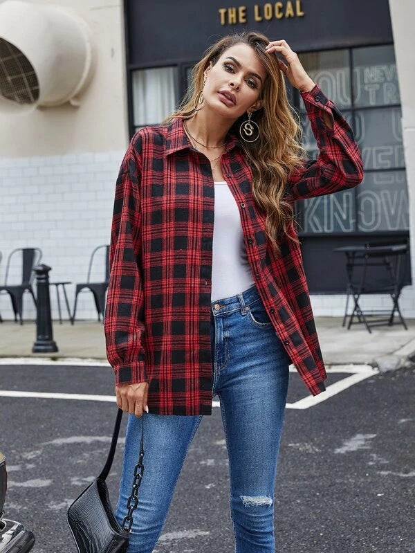 Loose And Slim Lapel Long Sleeved Brushed Plaid Shirt