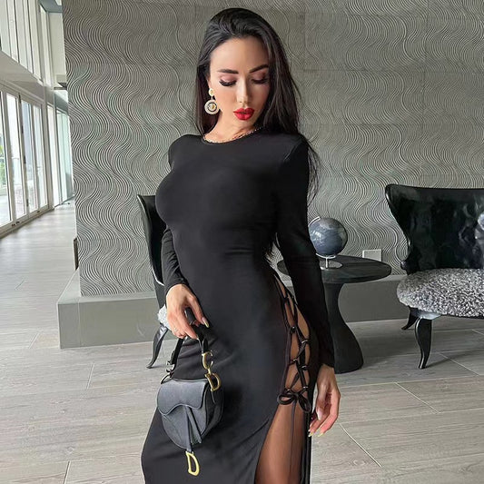 European And American Beveled Split Lace-up Sexy Dress