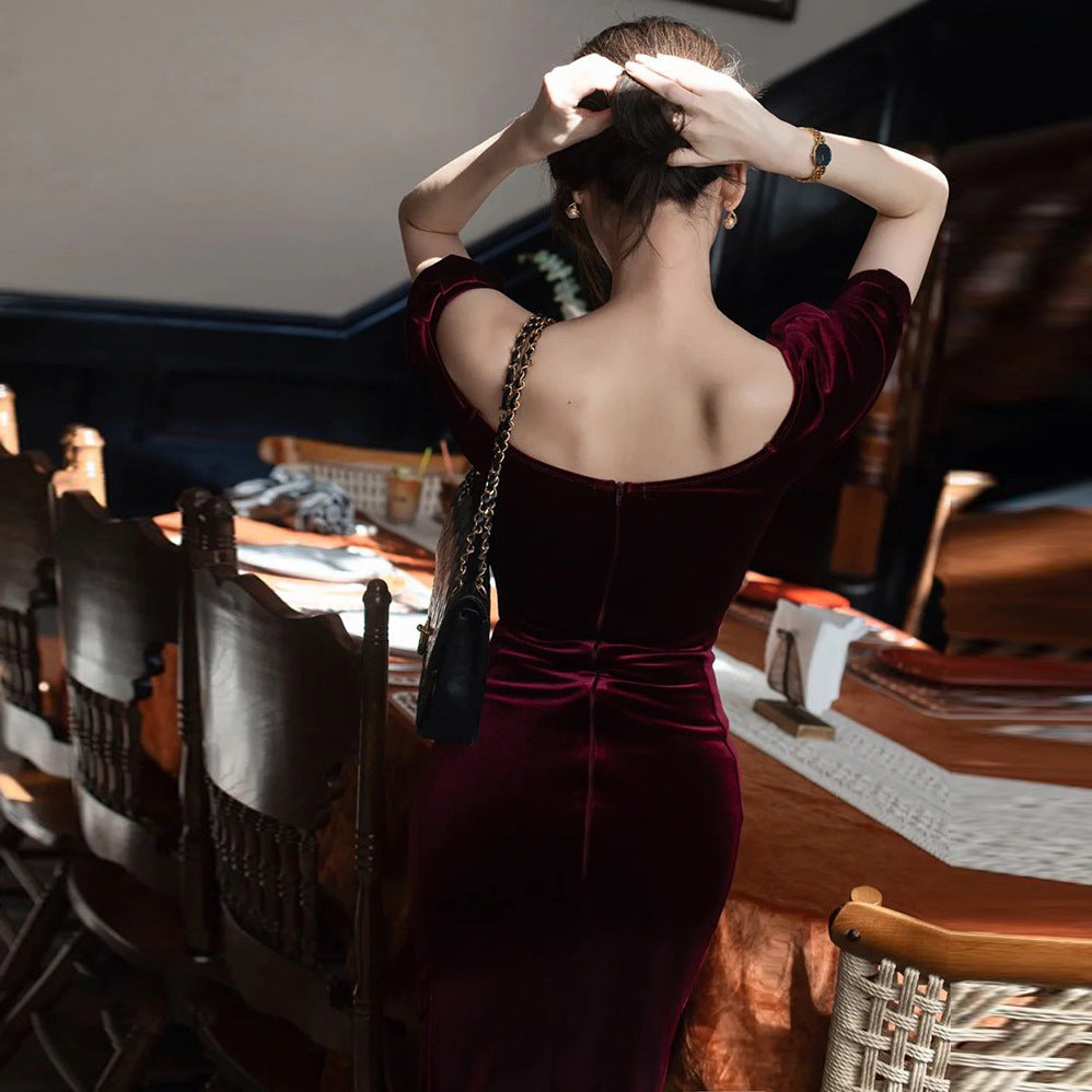 Elegant Velvet Lace Burgundy Annual Meeting Burgundy Dress