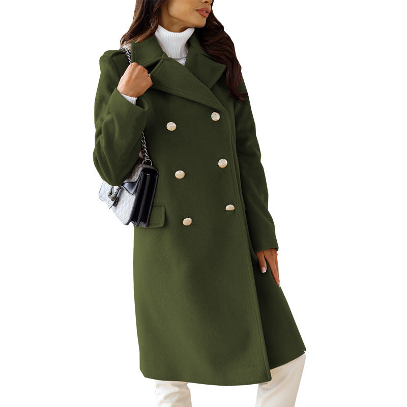 Women's New Simple Long Sleeve Lapel Double Breasted Woolen Coat