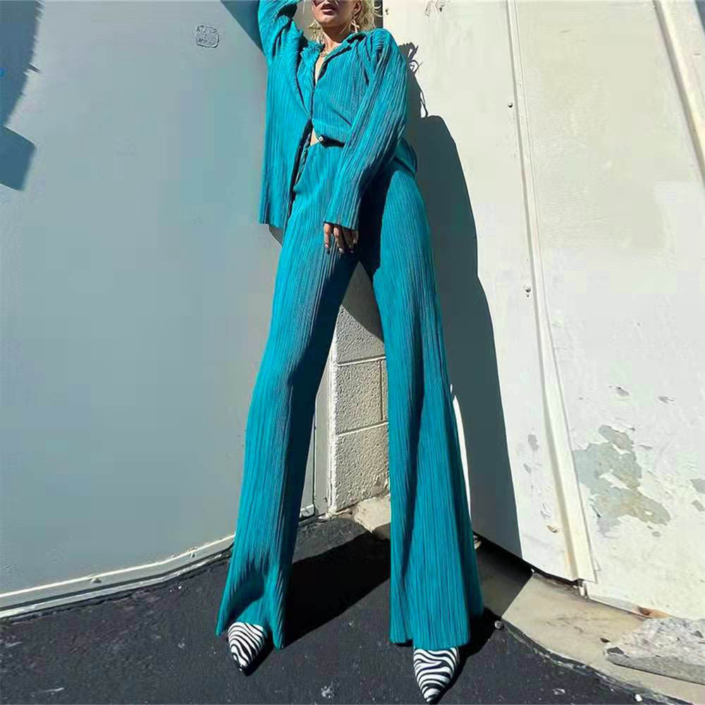 Women's Solid Color Drape Loose Silky Pleated Casual Two-Piece Set