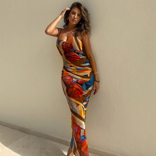 European And American New Fashion Print Sexy Halter Strap Dress