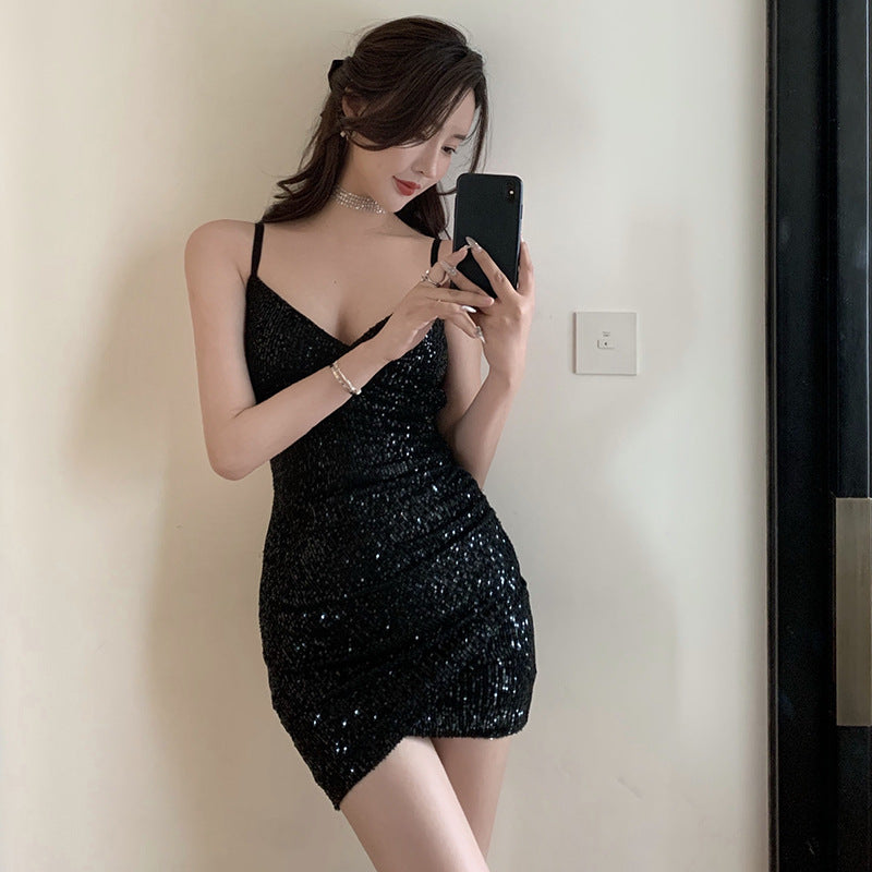 Women's Sparkling Sequined Waist Fit Sling Dress