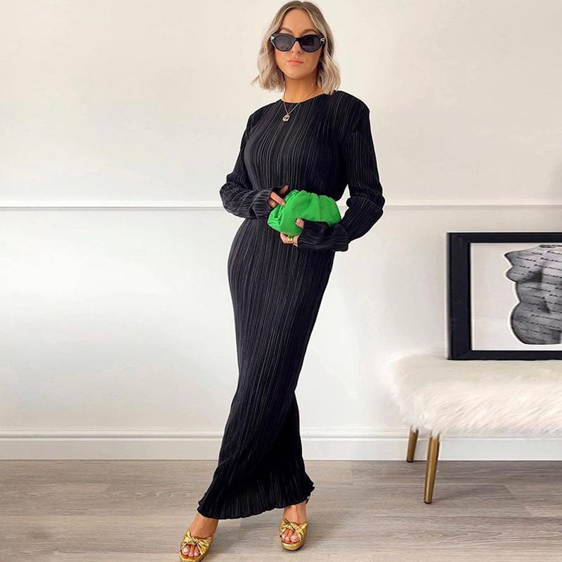 Casual Solid Colour Round Neck Long Sleeve Slim Fit Dress