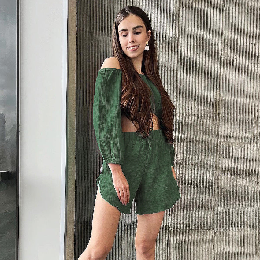 French T-Shirt Cropped Sleeve Double Crepe Cotton Crop Pajamas Women's Set