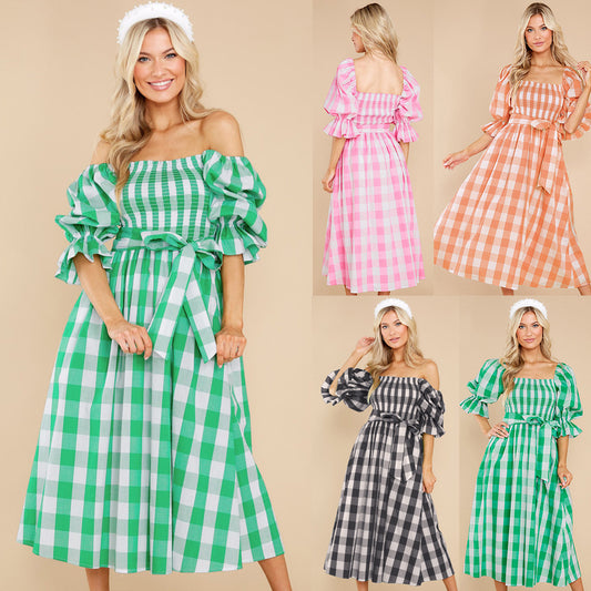 Slim One-neck Off-the-shoulder Plaid Print Beach Dress
