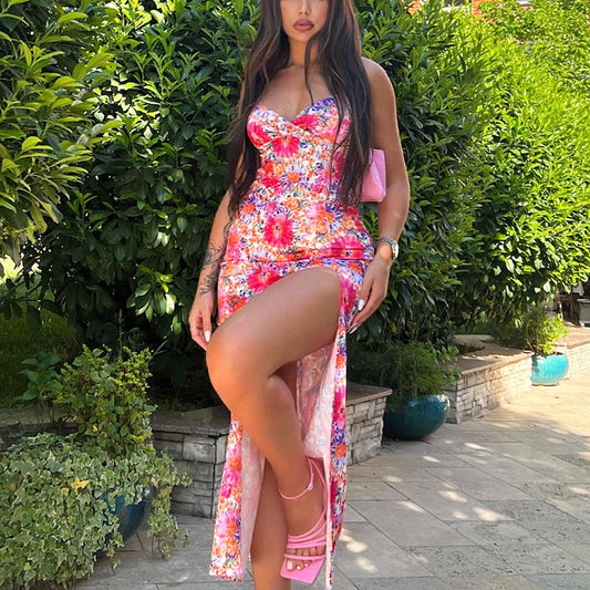 Digitally Printed V-neck Suspender Medium Long Slit Suspender Dress