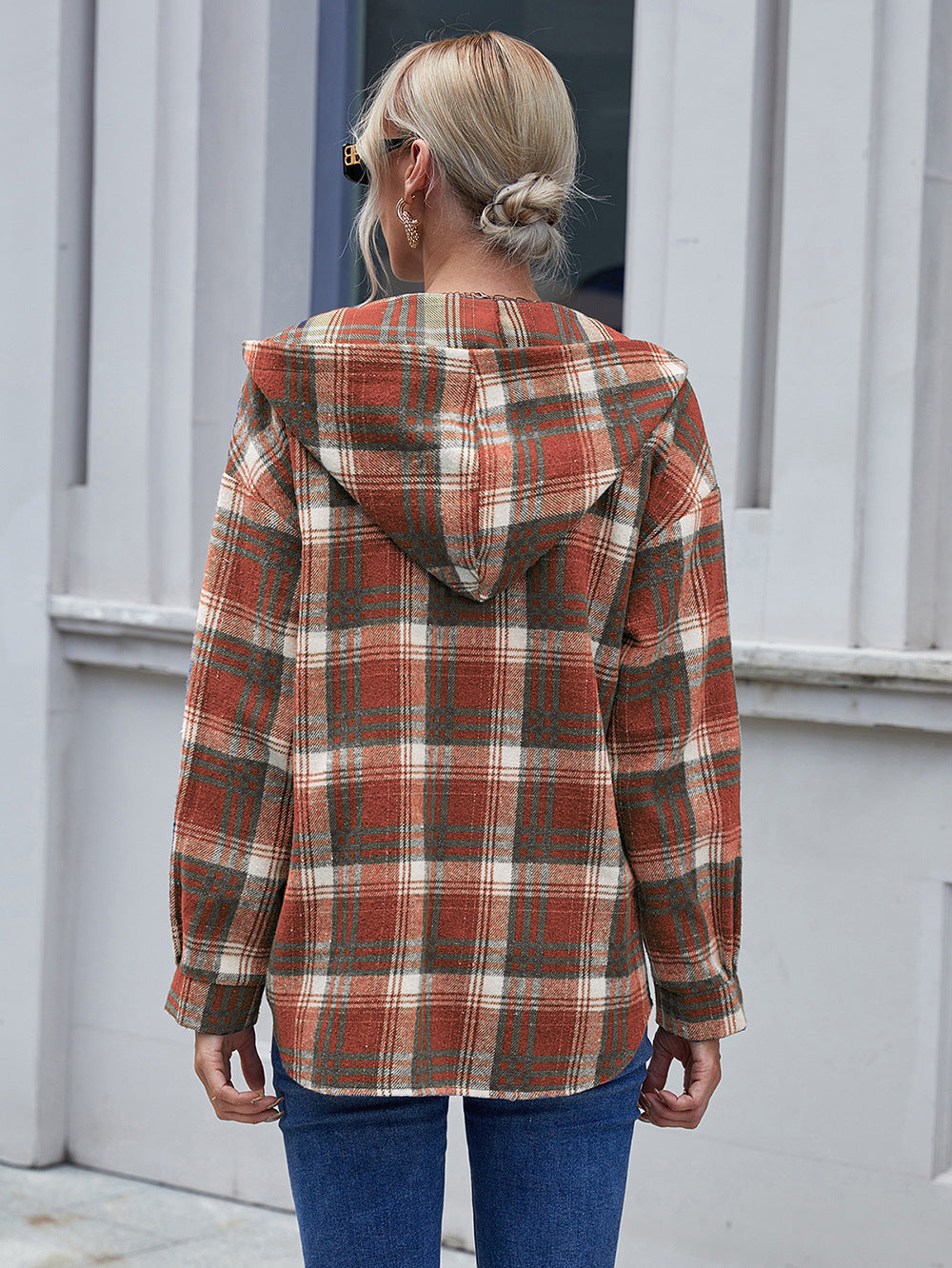 Loose Casual Long-sleeved Single-breasted Check Hooded Jacket