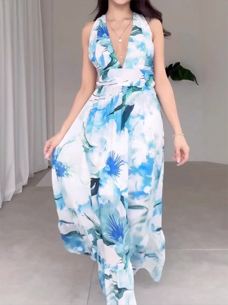 Women's Off-shoulder Backless Printed Chiffon Dress