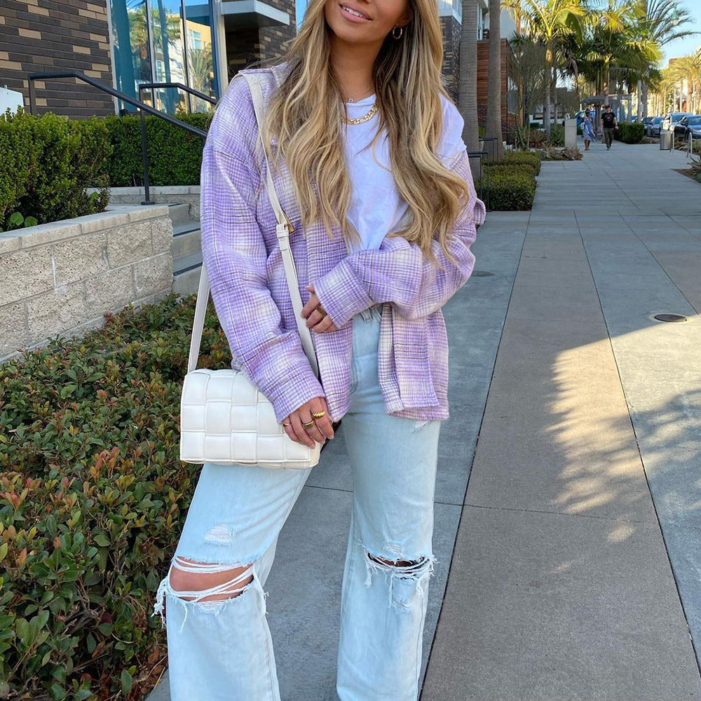 Check Printed Long Sleeve Cardigan Single-breasted Casual Jacket